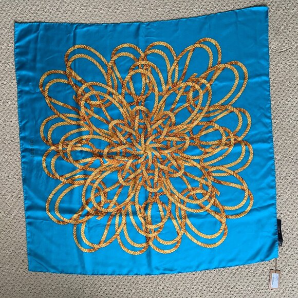 100% Authentic Gucci Silk Scarf with Gold Rope Design on Turquoise Background - Picture 3 of 5